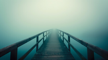 Obraz premium Mysterious Bridge in Dense Fog Over Calm Water