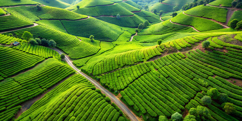 Fototapeta premium abstract aerial view of green tea estate, generative Ai