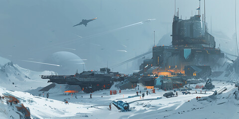 Human military base on a cold alien planet, concept design