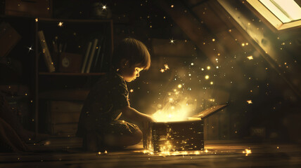 Silhouette of a Child Opening a Glowing Magical Book in a Dark Attic