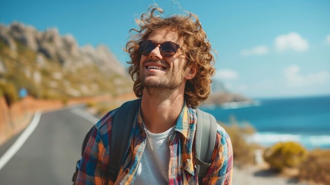 Joyful man with curly hair wearing sunglasses on coastal road trip, concept of summer travel and happiness - Powered by Adobe