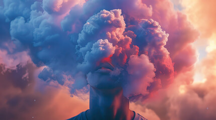 Nebulous Dreamer: Person with a Head of Clouds, Lost in Nebulous Thoughts - obrazy, fototapety, plakaty
