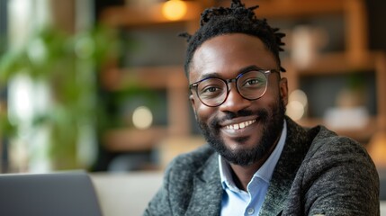 Obraz premium Smiling professional African American man with glasses using laptop in modern cafe, Concept of urban entrepreneurship and business confidence