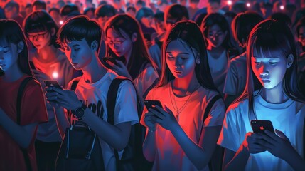 Cell phone addiction concept. Many teens hold smart device. Social media like obsession. Online communication problem. People watch mobile gadget screen. Art illustration. Cyberspace internet network. - obrazy, fototapety, plakaty