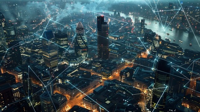 Cityscape of London's finance hub featuring an intricate web of data connections. Generative AI hyper realistic 