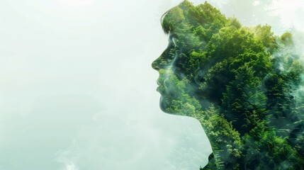 Concept of environment caring devotion, business sustainability and global warming protection shown by woman and green forest double exposure image hyper realistic 