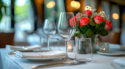 Fototapeta premium Elegantly set dinner table with crystal glassware and fresh flowers, Concept of fine dining and sophisticated restaurant experience