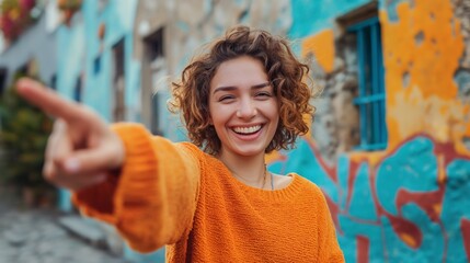 Playful young woman in a vibrant orange sweater pointing excitedly, graffiti background, Concept of...
