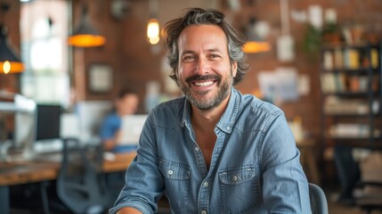 Obraz premium Cheerful mature man with a friendly smile in a denim shirt at an office, Concept of positive work environment and employee satisfaction