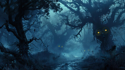Eerie Forest: A Dark, Misty Forest with Twisted Trees and Glowing Eyes Peering from the Shadows