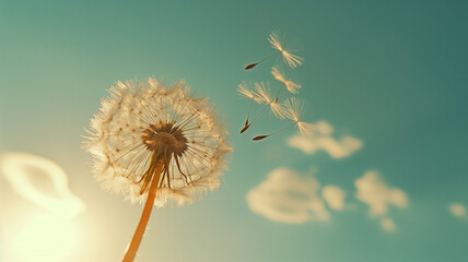Obraz premium Dandelion Seed Drifting Freely in the Air Against a Clear Blue Sky