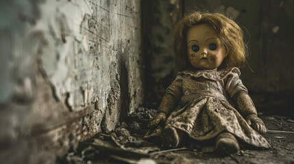 Fototapeta na wymiar Haunted Doll: A Creepy Doll Sitting in an Abandoned Room, Casting a Haunting Gaze
