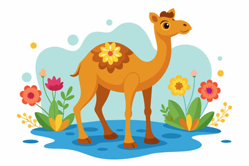 A charming camel adorned with vibrant flowers stands against a pristine white backdrop.