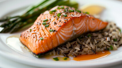 Grilled Salmon Fillet on Wild Rice with Asparagus