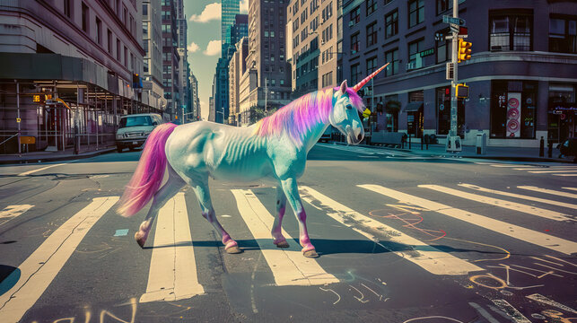 Unicorn in the City: A Unicorn Crossing the Street in a Busy Urban Setting