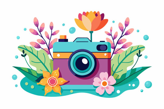 A charming camera surrounded by vibrant flowers rests elegantly on a pristine white background.