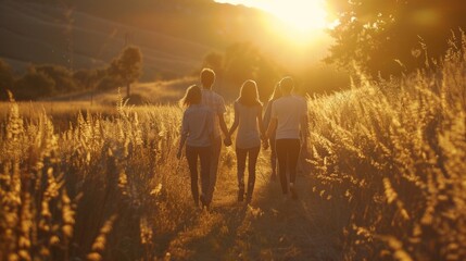 A group of friends walks hand in hand down a dirt path backs turned to the camera as they stroll through a peaceful meadow. . .