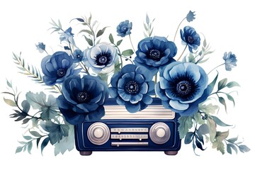 Vintage radio with blue flowers. Vector illustration for your design.