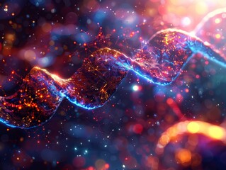 Glowing DNA strands spiraling through a digital microcosm  - obrazy, fototapety, plakaty