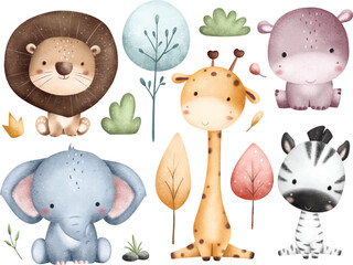 Watercolor Illustration Set of Safari Animals and Tropical Leaves - obrazy, fototapety, plakaty