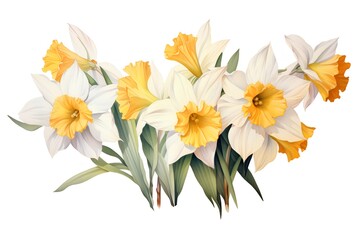 White and yellow narcissus flowers bouquet isolated on white background. Vector illustration.