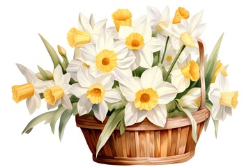 Basket with daffodils on white background. Vector illustration.