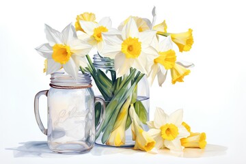 Bouquet of daffodils in a glass jar and a jar on a white background