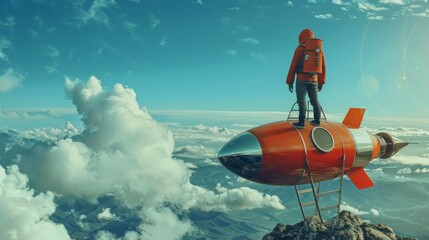 Human with a rocket. Business. Startup hyper realistic 