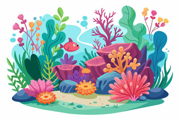 Obraz na płótnie Canvas A vibrant cartoonish coral reef blooms with charming flowers, creating a whimsical underwater paradise.