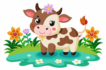 Cow animal cartoon charming with flowers on a white background
