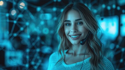 Close-up portrait of smiling woman call center agent with headset at office, copy space concept for customer service and support.