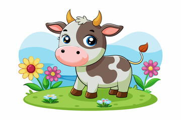 Charming cartoon cow adorned with vibrant flowers against a white backdrop.