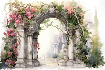 Fototapeta premium Watercolor illustration of an arch with ivy in the old city.
