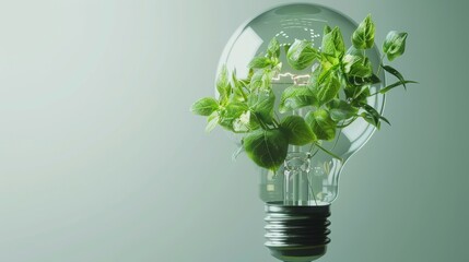 Light bulb filled with green leaves and plants. Concept of renewable and clean energy, sustainable resources, Earth Day. hyper realistic 