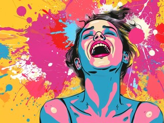 Mental health concept. Pop art collage. Happy woman portrait. Banner 