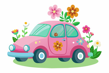 A charming cartoon car adorned with colorful flowers against a white background.
