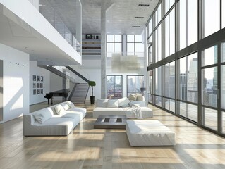 Minimalist, loft interior design of modern living room, home. 