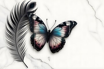 Home panel wall art three pieces, marble background with feather designs and butterfly silhouette - obrazy, fototapety, plakaty