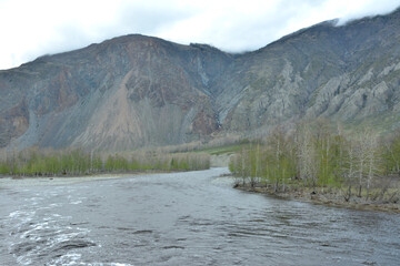 Widespread bed of a beautiful mountain river flowing along the bottom of a deep canyon on a cloudy spring day.