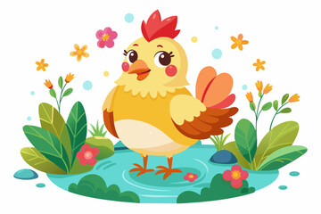 Charming cartoon chicken adorned with blooming flowers.