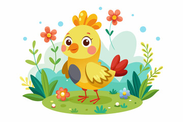Charming cartoon chicken adorned with vibrant flowers