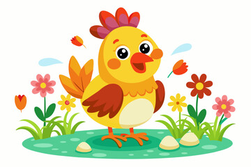 Charming cartoon chicken adorned with vibrant flowers.