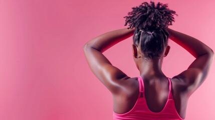 Neck and lumbar pain, intervertebral spine hernia, African black woman with back pain on a pink background, spinal disc disease, health problems concept hyper realistic  - obrazy, fototapety, plakaty