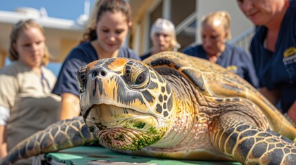 A team of vets carefully maneuver a large injured sea turtle onto a stretcher ready to transport it to their clinic for rehabilitation. The determination and expertise on their faces . - obrazy, fototapety, plakaty