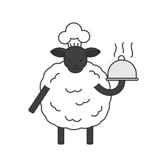 Sheep chef with a platter on a white background. Vector illustration.