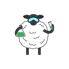 Funny sheep with flasks and test tubes