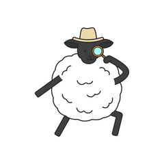 Sheep with a hat and a magnifying glass. Vector illustration