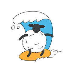 Sheep with surfboard. Vector illustration in doodle style
