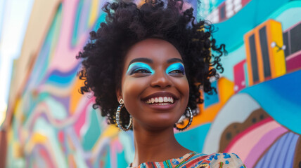 Vibrant Woman with Blue Eyeshadow Against Graffiti