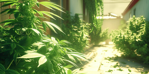 Outdoor Cannabis Cultivation: Marijuana Plants Thriving in an Outdoor Setting. - obrazy, fototapety, plakaty